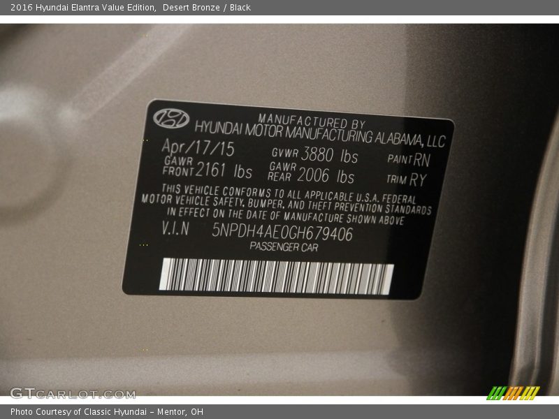 Desert Bronze / Black 2016 Hyundai Elantra Value Edition