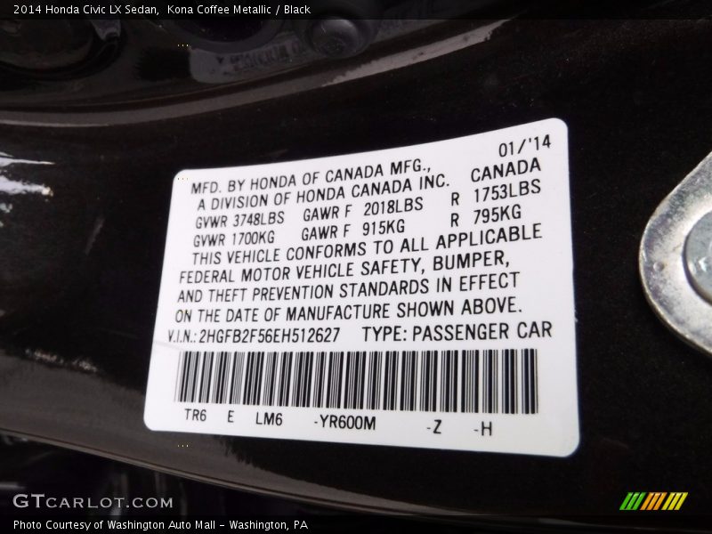 Kona Coffee Metallic / Black 2014 Honda Civic LX Sedan