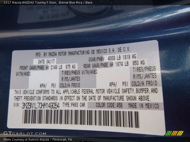 2017 MAZDA3 Touring 5 Door Eternal Blue Mica Color Code 45B