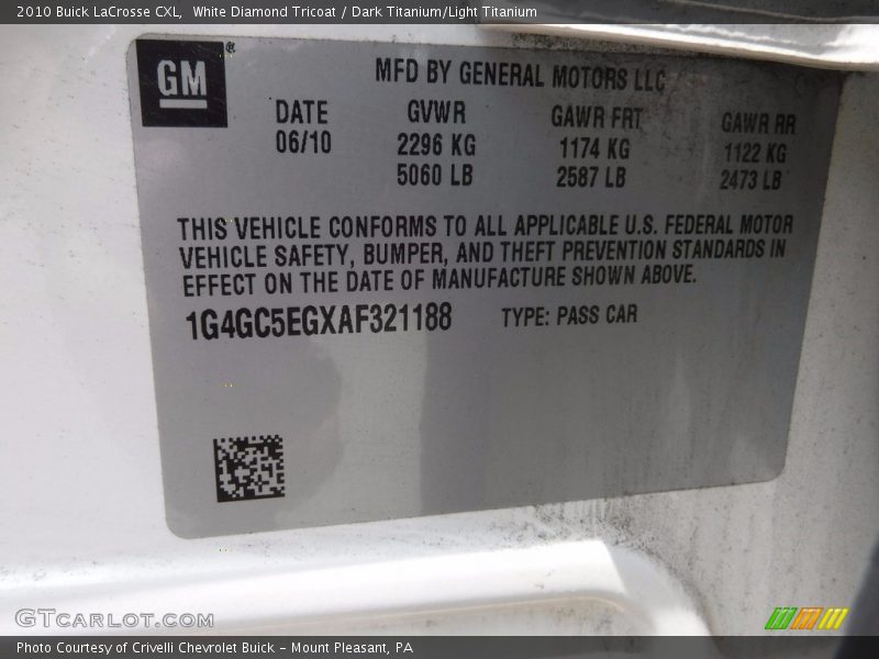 White Diamond Tricoat / Dark Titanium/Light Titanium 2010 Buick LaCrosse CXL