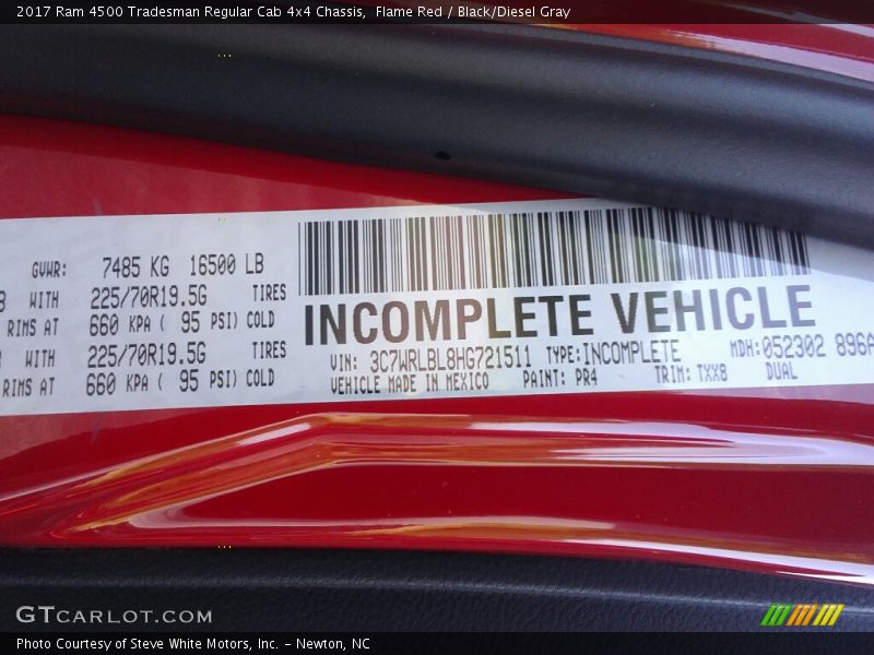2017 4500 Tradesman Regular Cab 4x4 Chassis Flame Red Color Code PR4