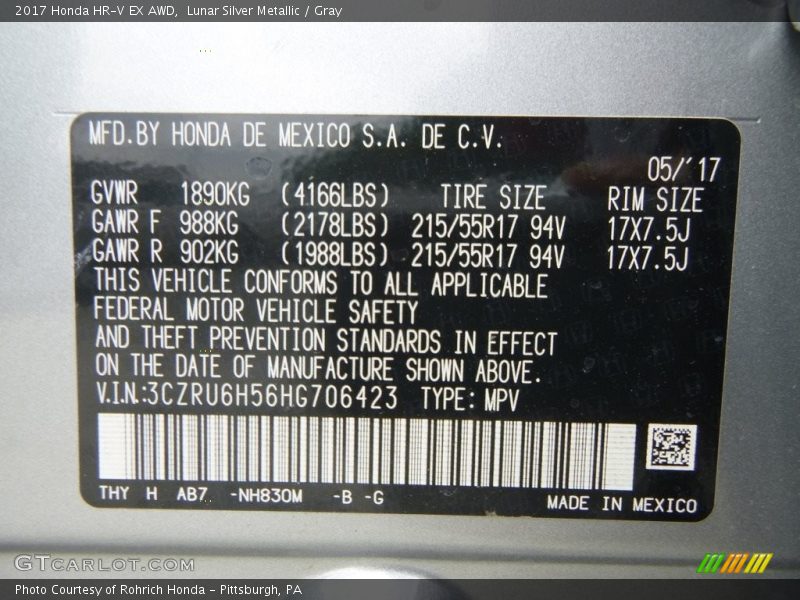 Lunar Silver Metallic / Gray 2017 Honda HR-V EX AWD