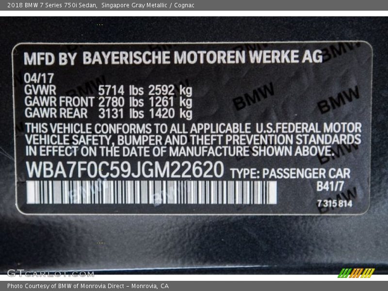2018 7 Series 750i Sedan Singapore Gray Metallic Color Code B41