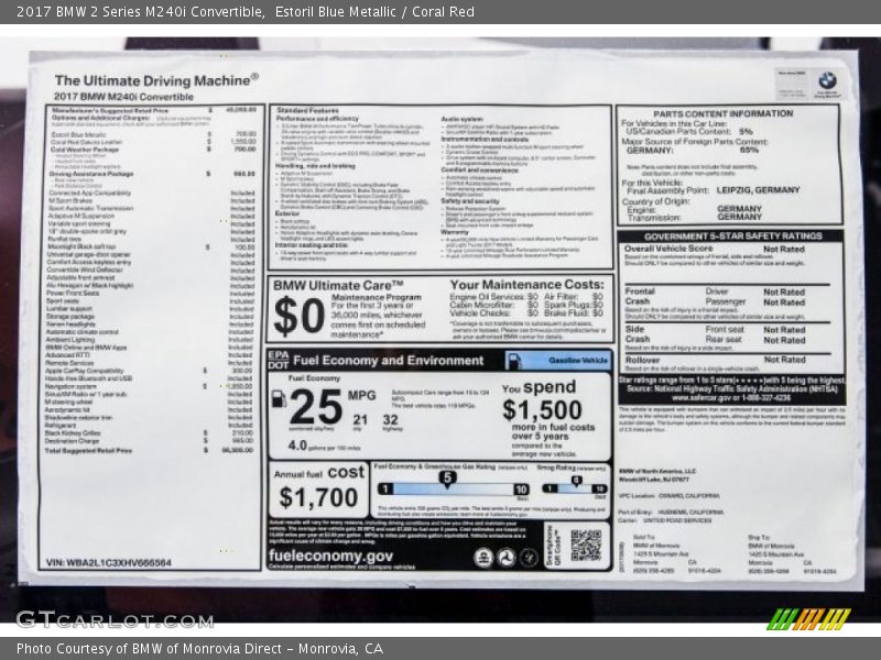  2017 2 Series M240i Convertible Window Sticker