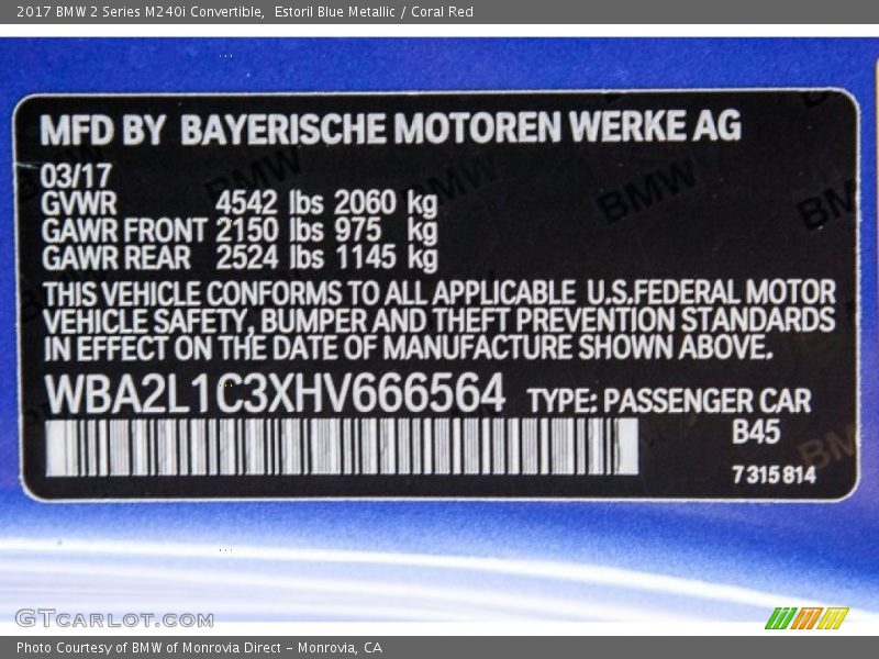 2017 2 Series M240i Convertible Estoril Blue Metallic Color Code B45