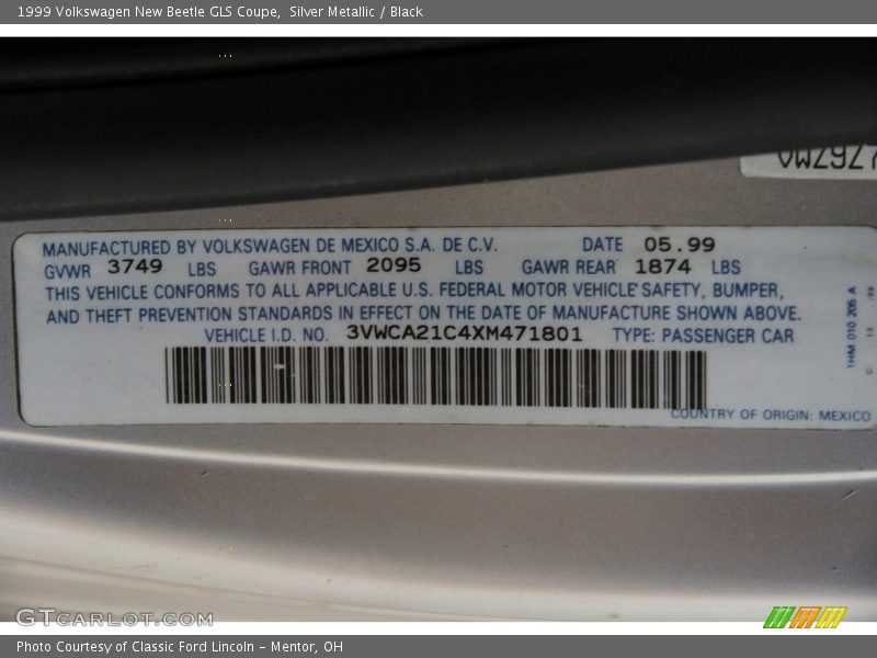 Silver Metallic / Black 1999 Volkswagen New Beetle GLS Coupe
