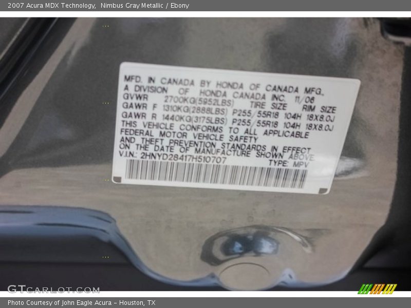 Nimbus Gray Metallic / Ebony 2007 Acura MDX Technology