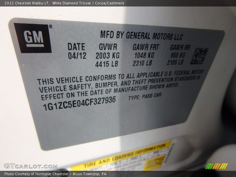 White Diamond Tricoat / Cocoa/Cashmere 2012 Chevrolet Malibu LT