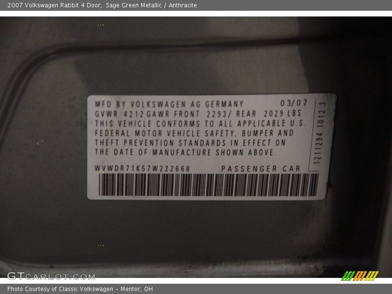 Sage Green Metallic / Anthracite 2007 Volkswagen Rabbit 4 Door