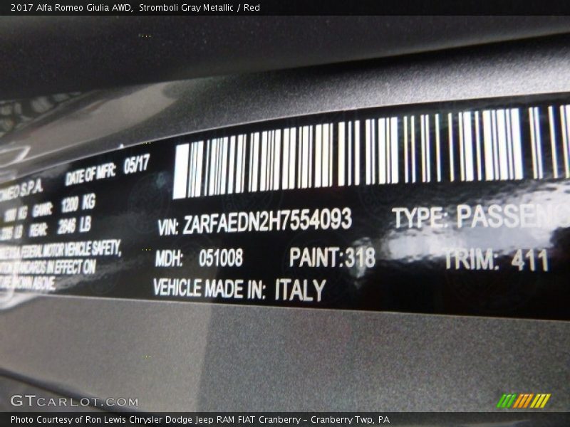 Stromboli Gray Metallic / Red 2017 Alfa Romeo Giulia AWD