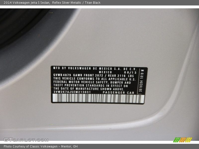 Reflex Silver Metallic / Titan Black 2014 Volkswagen Jetta S Sedan
