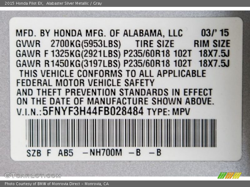 Alabaster Silver Metallic / Gray 2015 Honda Pilot EX