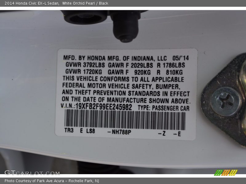 White Orchid Pearl / Black 2014 Honda Civic EX-L Sedan