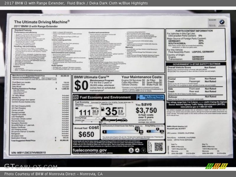 Fluid Black / Deka Dark Cloth w/Blue Highlights 2017 BMW i3 with Range Extender