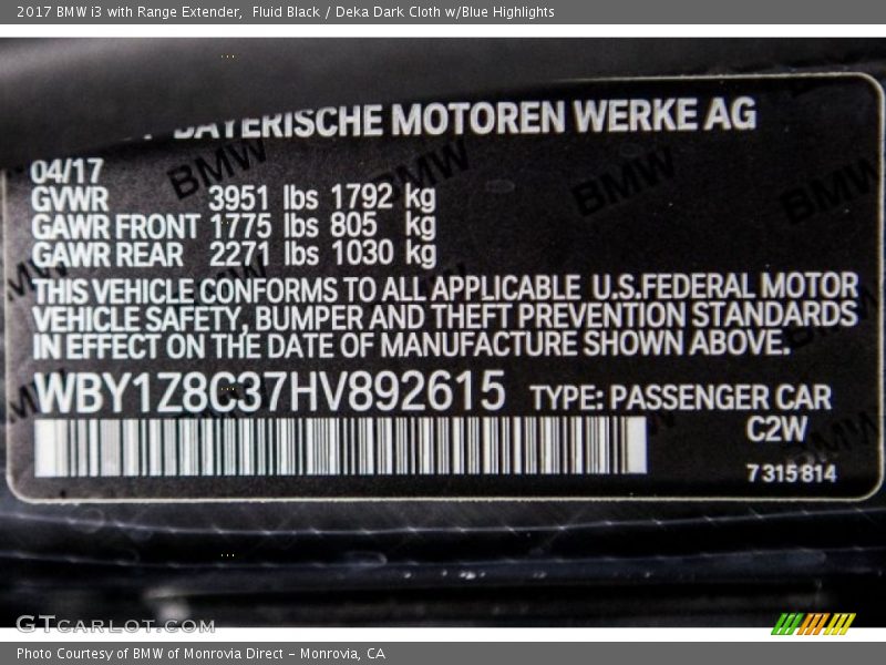 Fluid Black / Deka Dark Cloth w/Blue Highlights 2017 BMW i3 with Range Extender