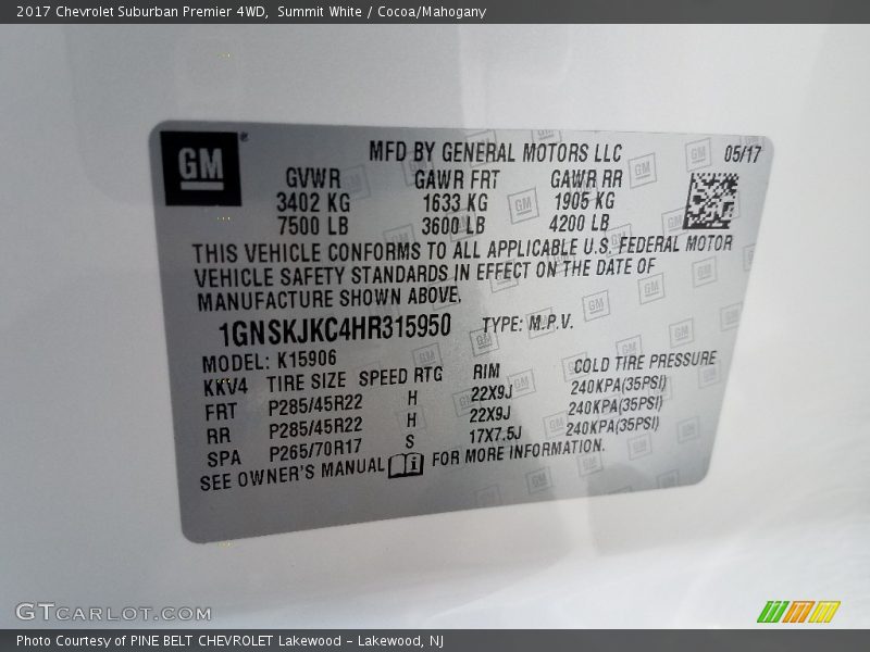 Summit White / Cocoa/Mahogany 2017 Chevrolet Suburban Premier 4WD