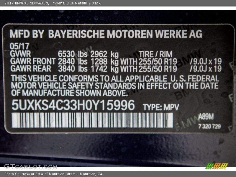 Imperial Blue Metallic / Black 2017 BMW X5 xDrive35d