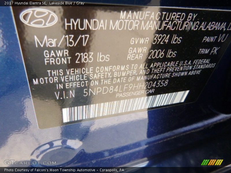 Lakeside Blue / Gray 2017 Hyundai Elantra SE