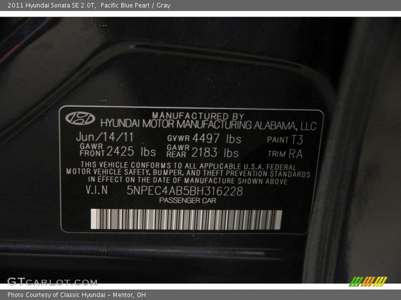 Pacific Blue Pearl / Gray 2011 Hyundai Sonata SE 2.0T