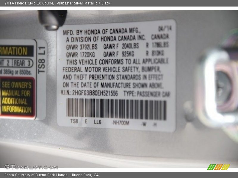 Alabaster Silver Metallic / Black 2014 Honda Civic EX Coupe