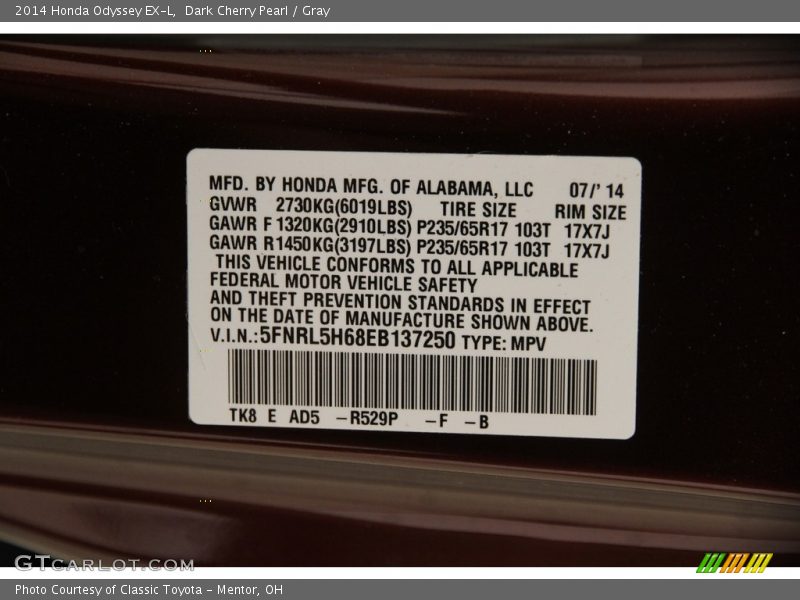 Dark Cherry Pearl / Gray 2014 Honda Odyssey EX-L