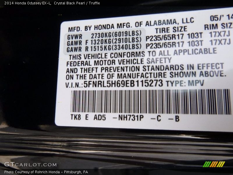 Crystal Black Pearl / Truffle 2014 Honda Odyssey EX-L