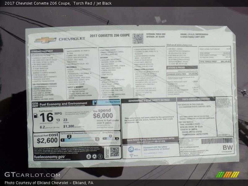  2017 Corvette Z06 Coupe Window Sticker