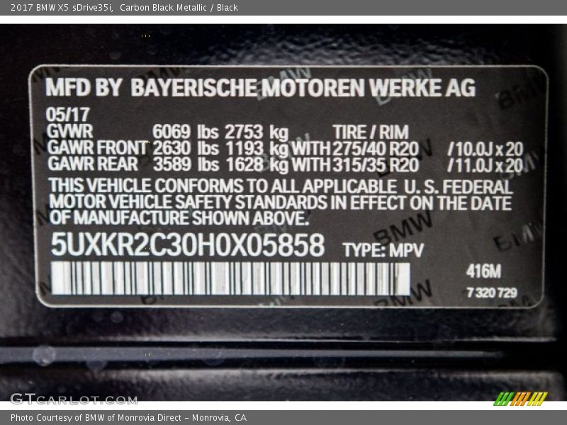 Carbon Black Metallic / Black 2017 BMW X5 sDrive35i