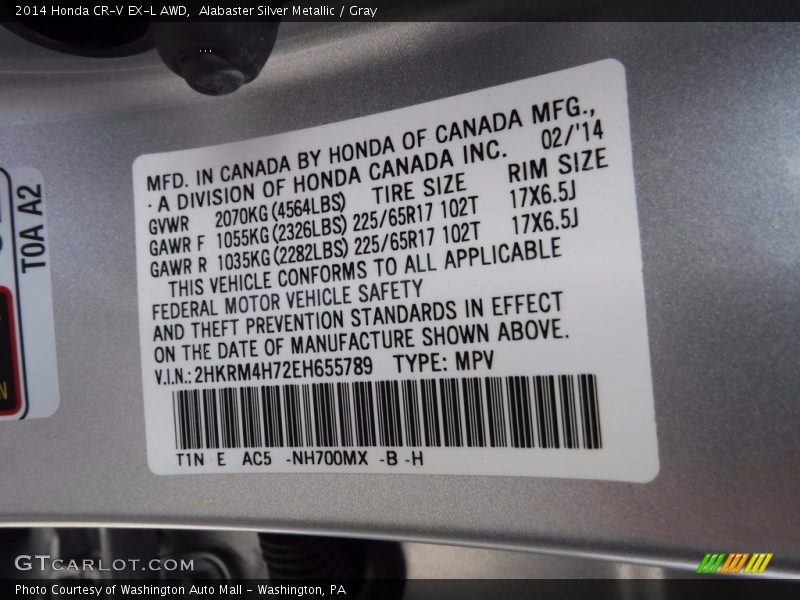 Alabaster Silver Metallic / Gray 2014 Honda CR-V EX-L AWD
