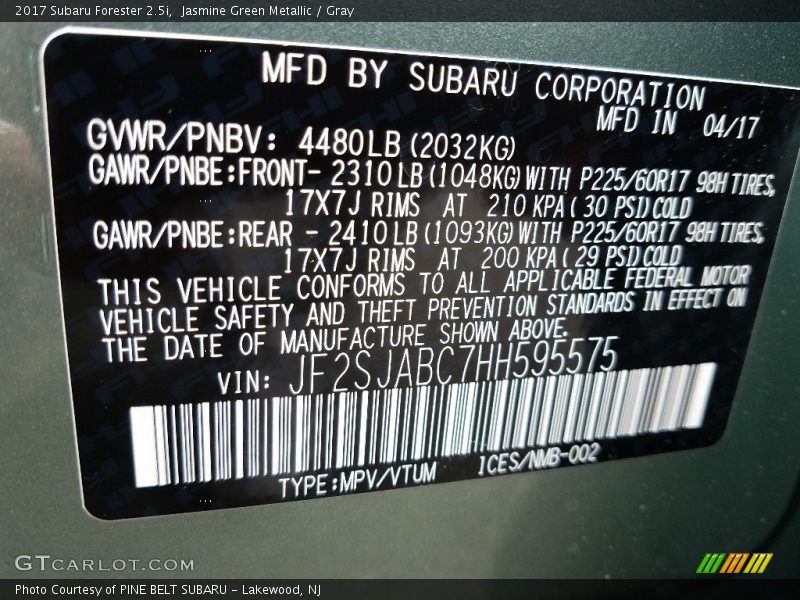 Jasmine Green Metallic / Gray 2017 Subaru Forester 2.5i