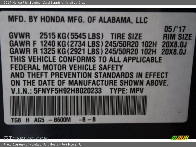 Steel Sapphire Metallic / Gray 2017 Honda Pilot Touring