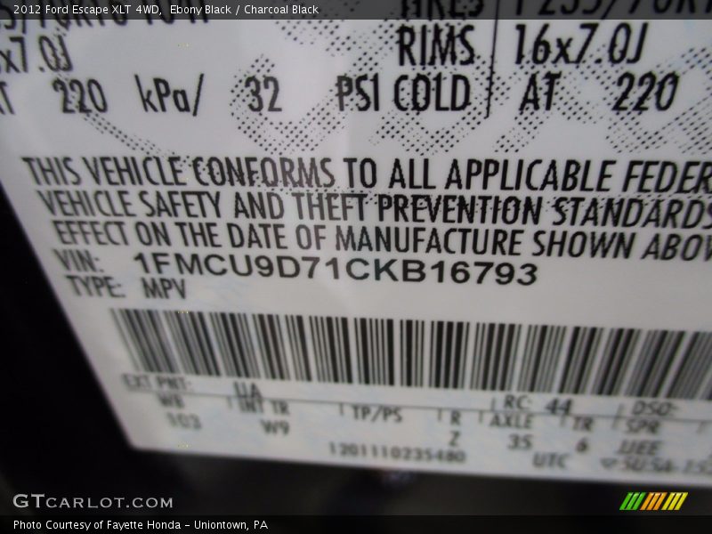 Ebony Black / Charcoal Black 2012 Ford Escape XLT 4WD