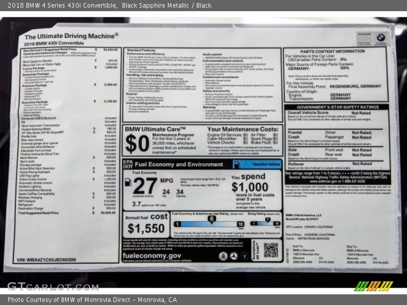  2018 4 Series 430i Convertible Window Sticker