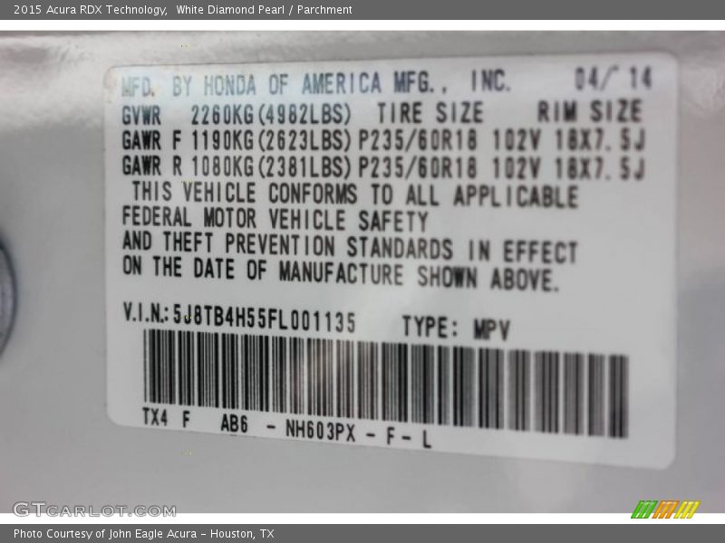 White Diamond Pearl / Parchment 2015 Acura RDX Technology