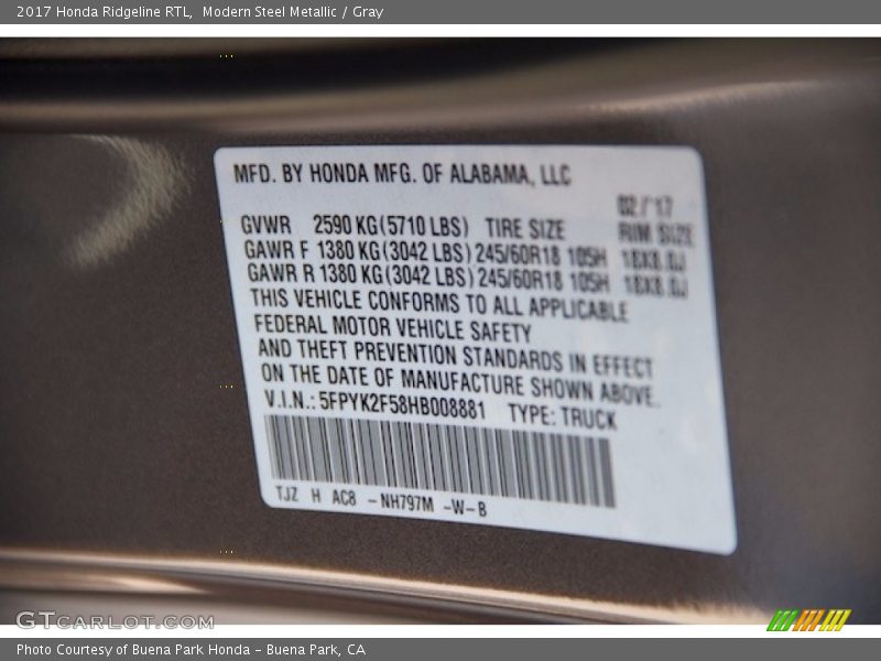 Modern Steel Metallic / Gray 2017 Honda Ridgeline RTL