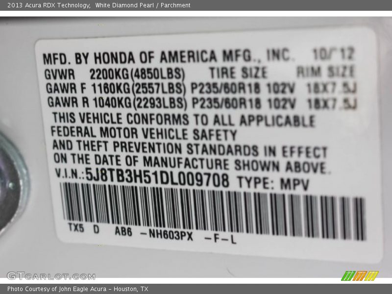 White Diamond Pearl / Parchment 2013 Acura RDX Technology