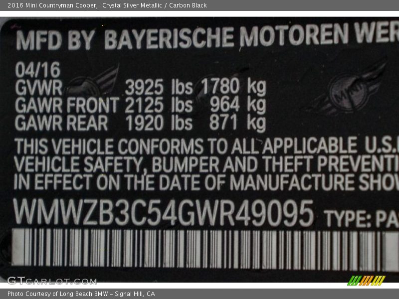 Crystal Silver Metallic / Carbon Black 2016 Mini Countryman Cooper