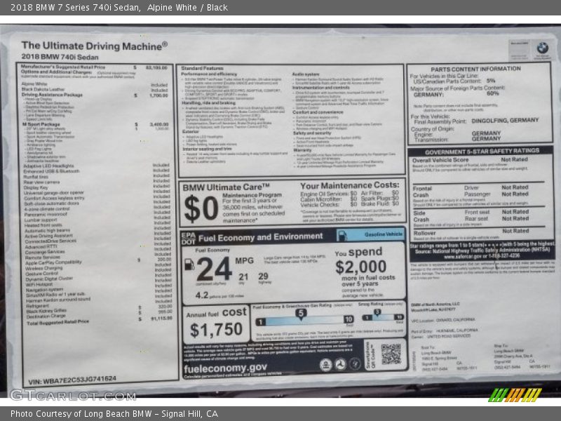  2018 7 Series 740i Sedan Window Sticker