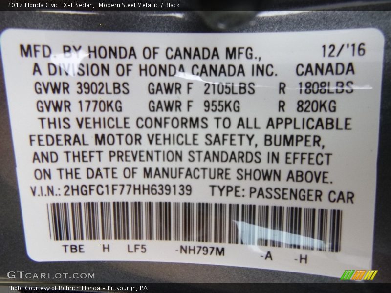 Modern Steel Metallic / Black 2017 Honda Civic EX-L Sedan