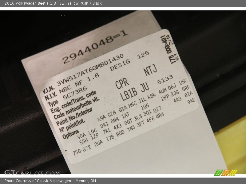 2016 Beetle 1.8T SE Yellow Rush Color Code LB1B