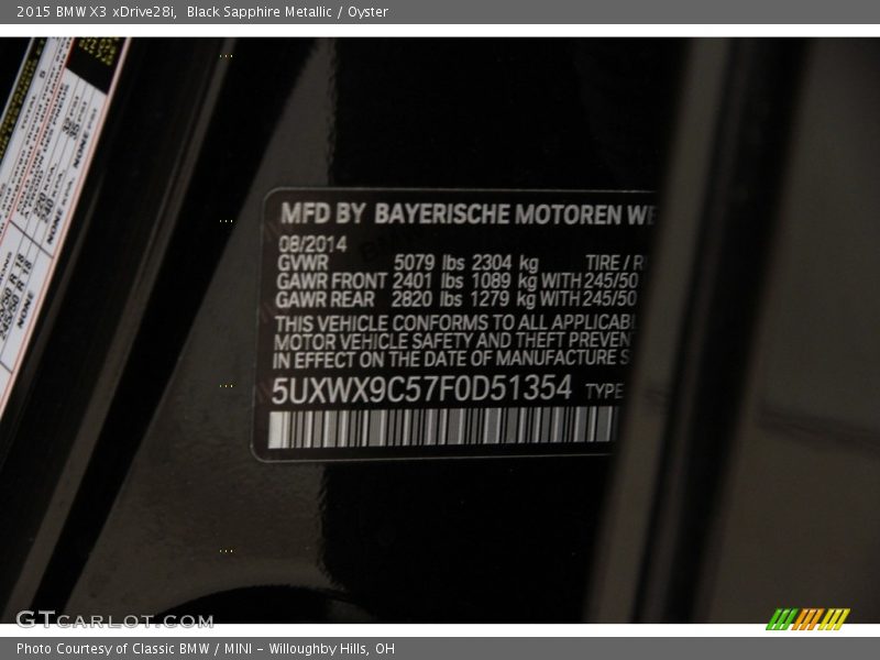 Black Sapphire Metallic / Oyster 2015 BMW X3 xDrive28i