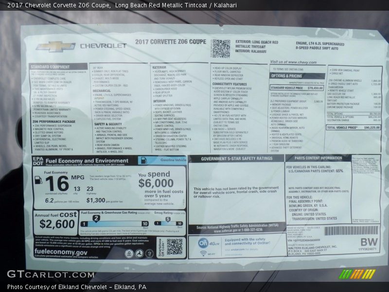  2017 Corvette Z06 Coupe Window Sticker