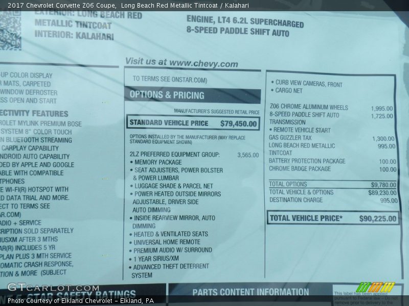  2017 Corvette Z06 Coupe Window Sticker