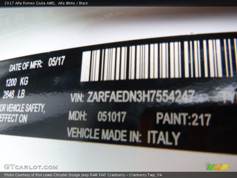 2017 Giulia AWD Alfa White Color Code 217