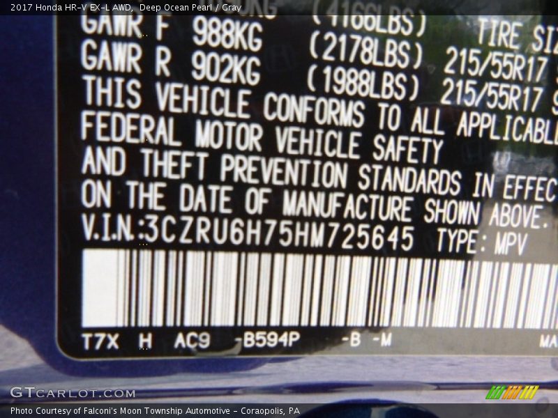 Deep Ocean Pearl / Gray 2017 Honda HR-V EX-L AWD