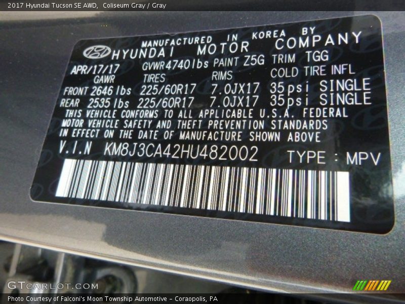 Coliseum Gray / Gray 2017 Hyundai Tucson SE AWD