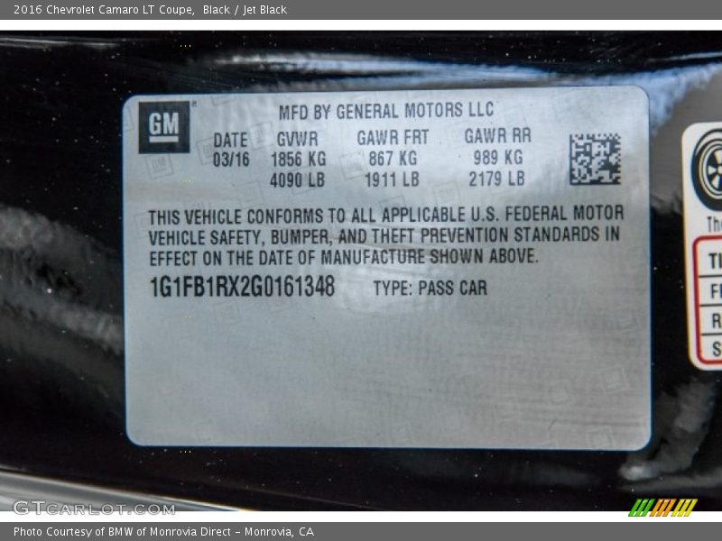 Black / Jet Black 2016 Chevrolet Camaro LT Coupe