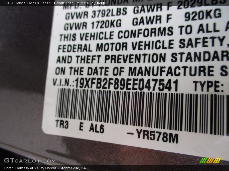 Urban Titanium Metallic / Beige 2014 Honda Civic EX Sedan