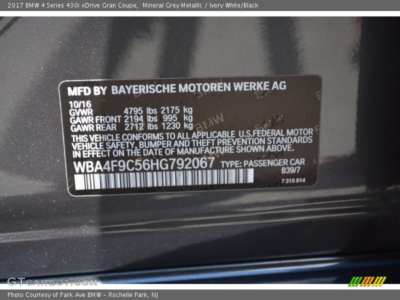 Mineral Grey Metallic / Ivory White/Black 2017 BMW 4 Series 430i xDrive Gran Coupe