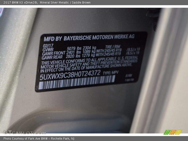 Mineral Silver Metallic / Saddle Brown 2017 BMW X3 xDrive28i
